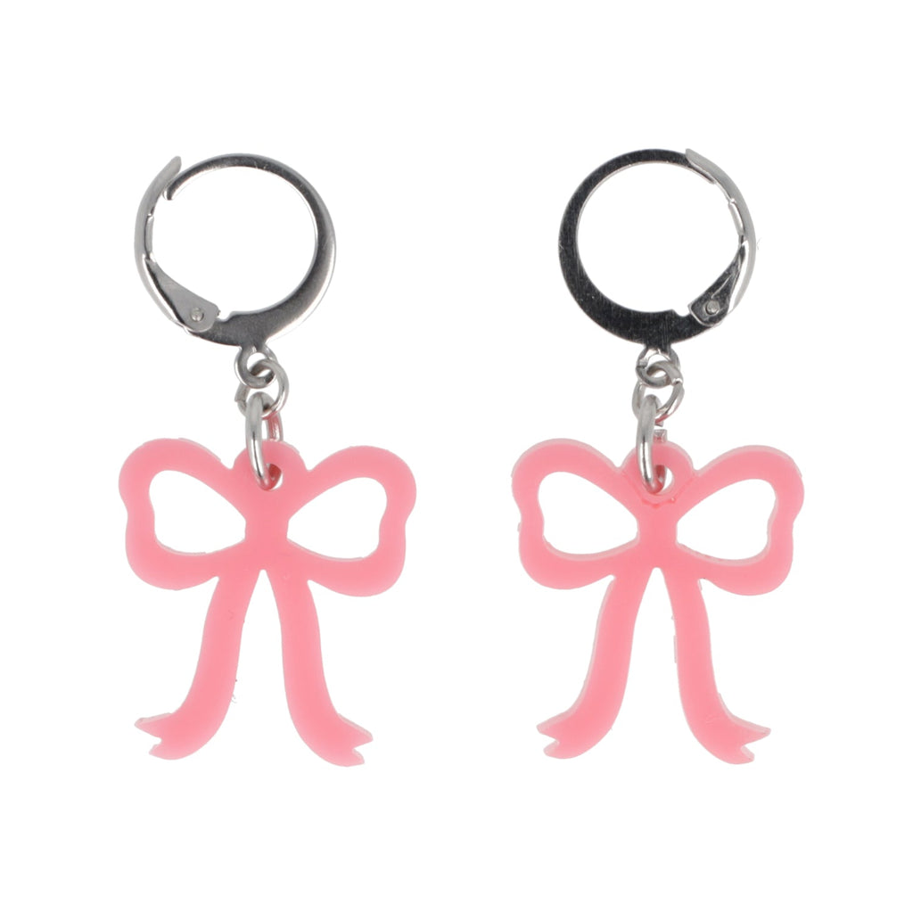 Mini Rose Pink Bow Huggie Hoop Earrings