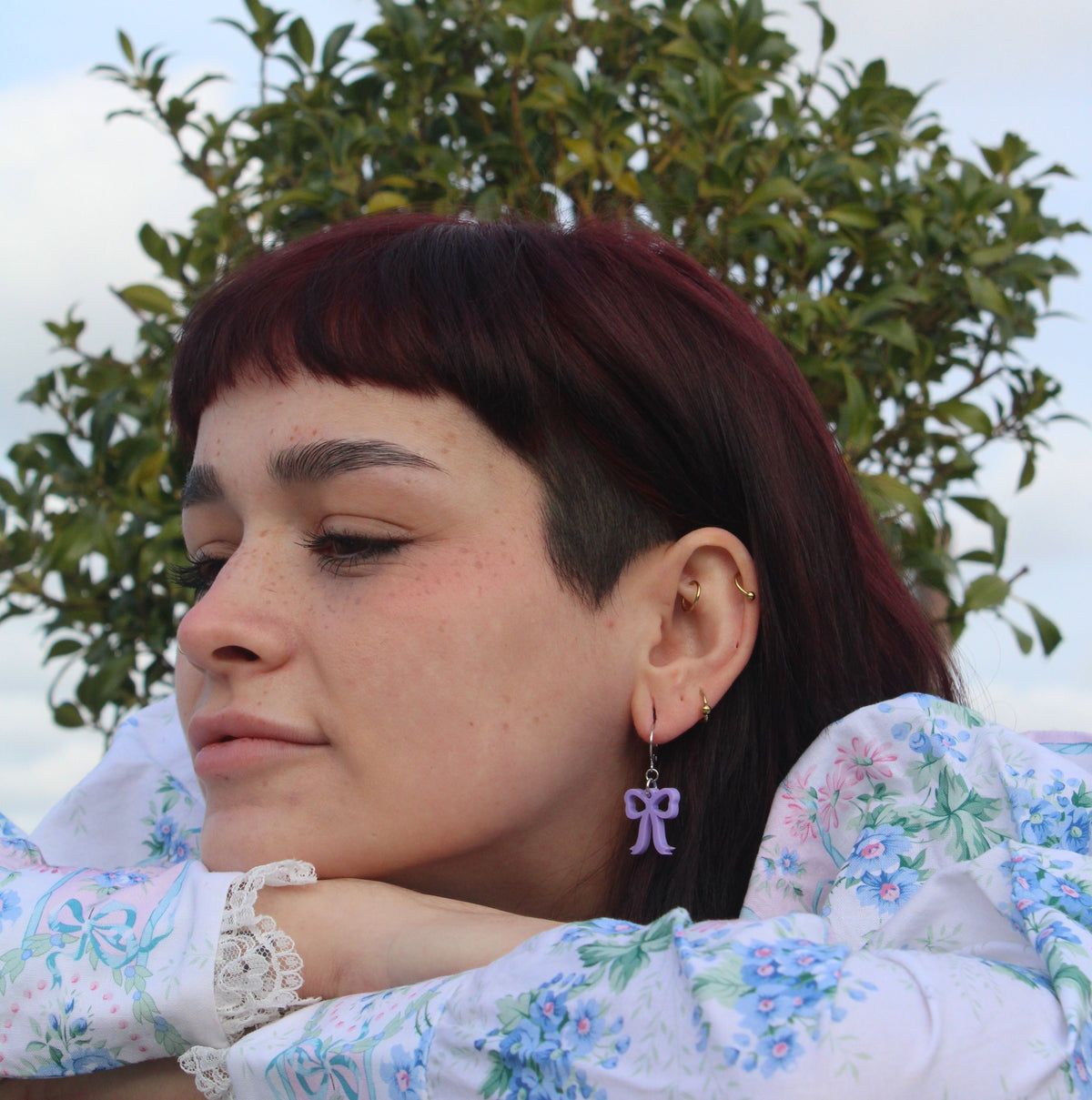 Mini Lilac Bow Huggie Hoop Earrings