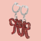Mini Red Glitter Bow Huggie Hoop Earrings