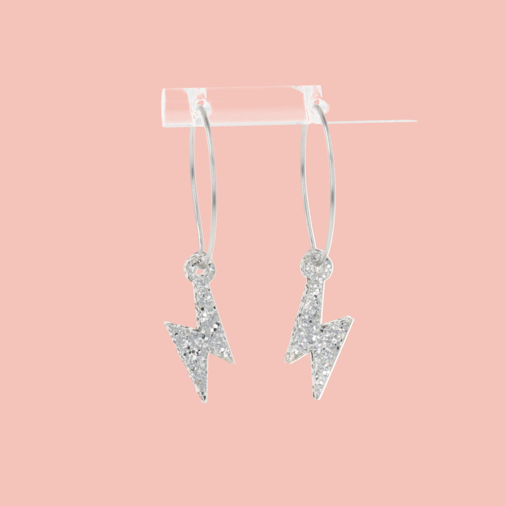 Mini Silver Glitter Lightning Bolt Hoop Earrings