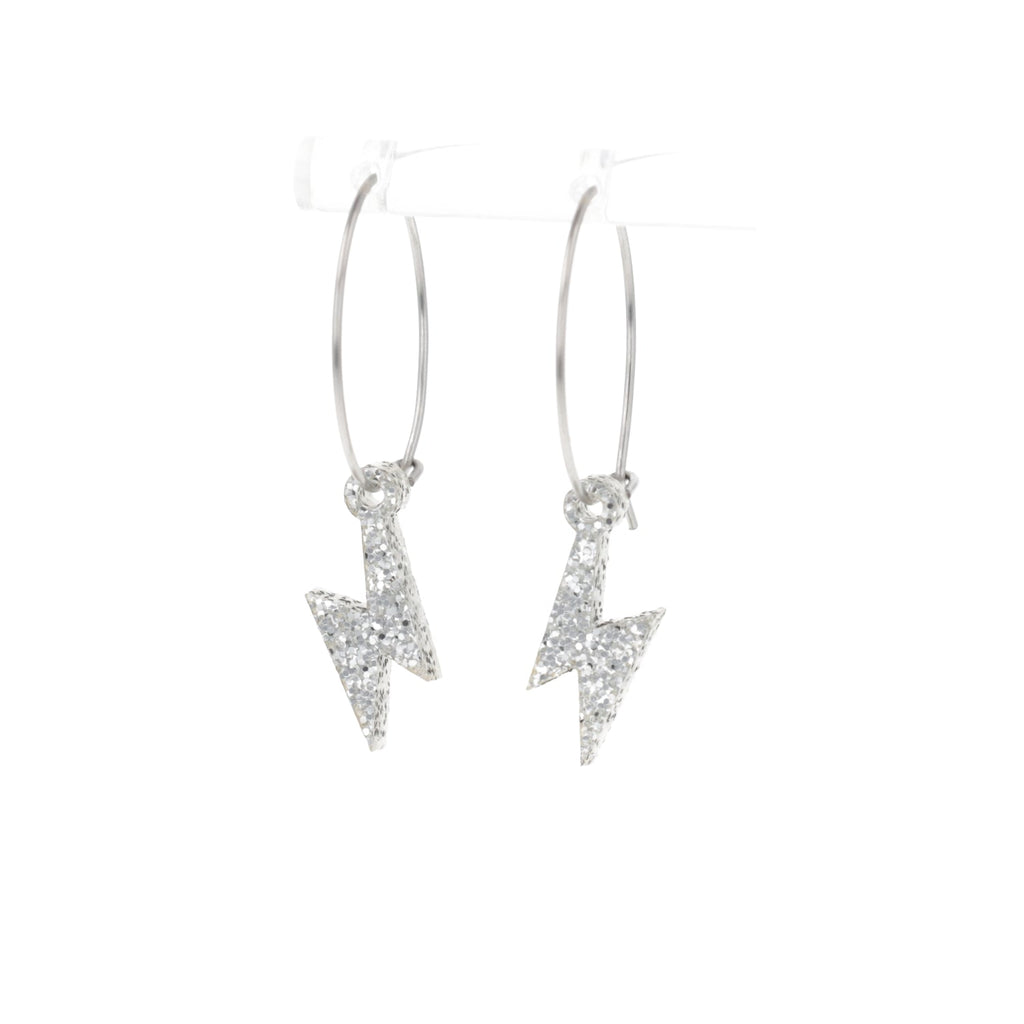 Mini Silver Glitter Lightning Bolt Hoop Earrings