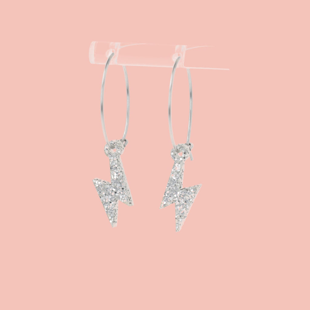 Mini Silver Glitter Lightning Bolt Hoop Earrings