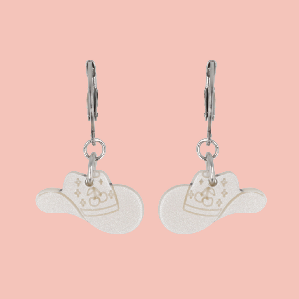 Mini White Cowboy Hat Huggie Hoop Earrings